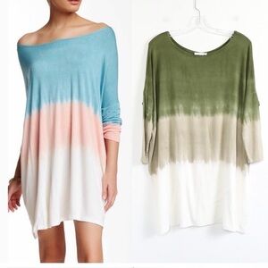 Peach Love tie-dye ombré oversized tunic dress longsleeve top green khaki white